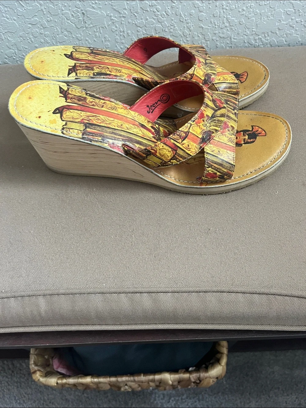 Icon Wearable Art 1920s Flapper Cork Platform Wedge Sandals Size 9 Leather EUC